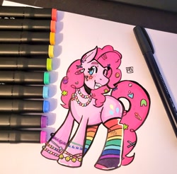 Size: 1024x1006 | Tagged: safe, artist:ratbytez, imported from derpibooru, pinkie pie, earth pony, pony, barette, bracelet, clothes, decora, female, jewelry, mare, marker drawing, photo, rainbow socks, socks, solo, striped socks, tail, traditional art