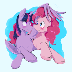 Size: 2048x2051 | Tagged: safe, artist:ponypierced, imported from derpibooru, pinkie pie, twilight sparkle, alicorn, earth pony, pony, blushing, crossed hooves, cuddling, cute, diapinkes, female, head pat, lesbian, light blue background, looking at each other, looking at someone, lying down, mare, pat, prone, shipping, simple background, smiling, smiling at each other, twiabetes, twilight sparkle (alicorn), twinkie, wing hands, wing hold, wings