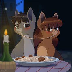 Size: 2000x2000 | Tagged: safe, artist:erein, imported from derpibooru, oc, oc only, earth pony, pony, advertisement, blushing, candle, commission, crossover, date, duo, ears up, food, high res, lady and the tramp, night, oc x oc, outdoors, pasta, plate, ponified, romantic, scene interpretation, shipping, smiling, spaghetti, table, ych sketch, your character here