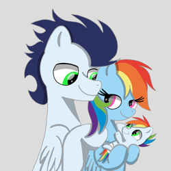 Size: 1400x1400 | Tagged: safe, artist:mrsdashskies, imported from derpibooru, rainbow dash, soarin', oc, oc:rainbow blitz, pegasus, pony, carrying, colt, female, foal, hug, male, mare, offspring, parent:rainbow dash, parent:soarin', parents:soarindash, shipping, soarindash, stallion, straight