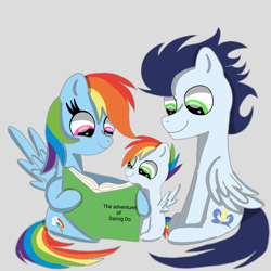 Size: 1400x1400 | Tagged: safe, artist:mrsdashskies, imported from derpibooru, rainbow dash, soarin', oc, oc:rainbow blitz, pegasus, pony, book, colt, female, foal, male, mare, offspring, parent:rainbow dash, parent:soarin', parents:soarindash, reading, shipping, soarindash, stallion, straight