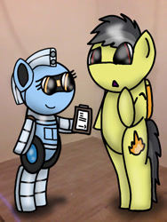 Size: 768x1024 | Tagged: safe, artist:foxfer64_yt, imported from derpibooru, oc, oc only, oc:silverstream (robot pony), oc:thunder (fl), original species, pegasus, pony, robot, robot pony, bipedal, curious, happy, looking at something, paperholder, room