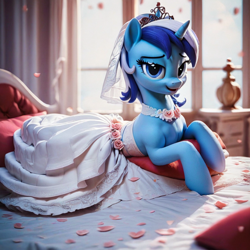 Size: 1024x1024 | Tagged: safe, imported from derpibooru, minuette, pony, unicorn, ai content, ai generated, bed, clothes, dress, female, generator:pony diffusion v6 xl, generator:stable diffusion, lora: photo style, mare, prompter:ai r us, rose petals, solo, veil, wedding dress