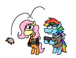 Size: 538x413 | Tagged: safe, artist:punkittdev, imported from derpibooru, fluttershy, rainbow dash, pegasus, pony, alyx vance, duo, glasses, gordon freeman, gun, half-life, half-life 2, headcrab, simple background, standing on two hooves, weapon, white background