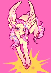 Size: 1430x2048 | Tagged: safe, artist:stellarphileistic, imported from derpibooru, fluttershy, pegasus, blushing, colored hooves, female, flower, flower in hair, flower in tail, mare, pink background, simple background, solo, spread wings, tail, tongue out, unshorn fetlocks, wings