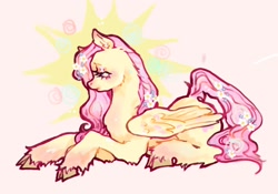 Size: 2048x1430 | Tagged: safe, artist:stellarphileistic, imported from derpibooru, fluttershy, pegasus, pony, blushing, colored hooves, ear fluff, eyeshadow, female, flower, flower in hair, flower in tail, folded wings, frown, lying down, makeup, mare, pink background, simple background, solo, tail, unshorn fetlocks, wings