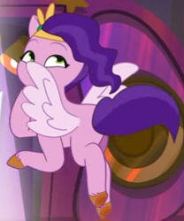 Size: 274x329 | Tagged: safe, imported from derpibooru, screencap, pipp petals, pegasus, pony, spoiler:g5, spoiler:my little pony: tell your tale, spoiler:tyts02e04, cropped, flying, g5, hooves on face, jazz hearts rocky, looking up, mane melody (location), my little pony: tell your tale, out of context, purple body, purple hair, purple mane, solo, spread wings, wings