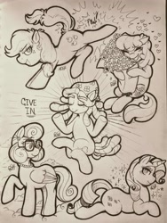 Size: 2997x3990 | Tagged: safe, artist:dsstoner, imported from derpibooru, applejack, cheerilee, posey shy, rarity, tree hugger, earth pony, pegasus, unicorn, bouquet, bucking, crossed legs, female, flower, lying down, mare, meditating