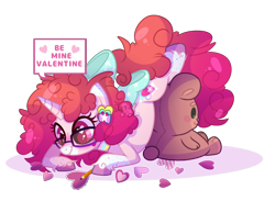 Size: 2776x2032 | Tagged: safe, artist:darkjillmlp123, imported from derpibooru, oc, oc only, oc:charleen hearts, pony, unicorn, bow, glasses, hair bow, plushie, simple background, solo, speech bubble, teddy bear, transparent background, valentine's day card