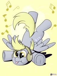 Size: 1579x2100 | Tagged: safe, artist:passionpanther, imported from derpibooru, derpy hooves, pegasus, pony, series:ponies with headphones, :t, cute, cutie mark headphones, derpabetes, faceplant, falling, female, frog (hoof), headphones, mare, music notes, simple background, solo, spread wings, tongue out, underhoof, wings, yellow background