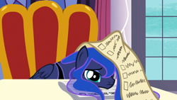 Size: 1920x1080 | Tagged: safe, imported from derpibooru, screencap, princess luna, alicorn, pony, a royal problem, canterlot castle, checklist, cute, female, folded wings, frown, head down, indoors, list, lunabetes, mare, peytral, sad, sadorable, solo, wings