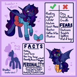 Size: 2500x2500 | Tagged: safe, artist:fuzzystarart, imported from derpibooru, oc, oc:shadow twinkle, bat pony, bow, clothes, commission, crossdressing, cute, dislikes, femboy, floating heart, glasses, hair bow, heart, heterochromia, likes, male, reference sheet, skirt, small stallion, socks, stallion, sweater, thigh highs