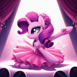 Size: 894x894 | Tagged: safe, imported from derpibooru, rarity, pony, unicorn, ai content, ai generated, ballerina, ballet, ballet slippers, beautiful, clothes, cute, female, generator:dall-e 3, jewelry, kneeling, mare, prompter:capricorndiem456, raised hoof, raribetes, raririna, smiling, solo, spotlight, stage, stage light, tutu