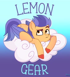 Size: 3333x3663 | Tagged: safe, artist:felux, imported from derpibooru, pegasus, pony, cloud, colored wings, folded wings, g5, gradient background, high res, lemon gear, looking at something, male, my little pony: tell your tale, name, sleepy, solo, stallion, text, wings