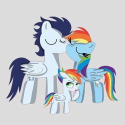 Size: 1400x1400 | Tagged: safe, artist:mrsdashskies, imported from derpibooru, rainbow dash, soarin', oc, oc:rainbow blitz, pegasus, pony, blushing, colt, disgusted, embarrassed, eyes closed, female, foal, kiss on the lips, kissing, male, mare, offspring, parent:rainbow dash, parent:soarin', parents:soarindash, shipping, soarindash, stallion, straight