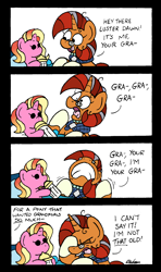 Size: 1404x2370 | Tagged: safe, artist:bobthedalek, imported from derpibooru, luster dawn, stellar flare, pony, unicorn, baby, baby bottle, baby pony, coat markings, comic, dialogue, duo, female, filly, foal, glasses, grandmother, grandmother and grandchild, grandmother and granddaughter, grandparent and grandchild, grey hair, implied sunburst, luster dawn is starlight's and sunburst's daughter, mare, offscreen character, offspring, older, older stellar flare, parent:starlight glimmer, parent:sunburst, parents:starburst, socks (coat markings), younger