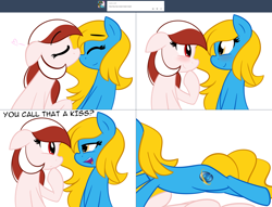 Size: 2562x1956 | Tagged: safe, artist:furrgroup, imported from derpibooru, oc, oc only, oc:internet explorer, oc:opera, earth pony, pony, ask internet explorer, blushing, browser ponies, eyes closed, female, internet explorer, kissing, mare