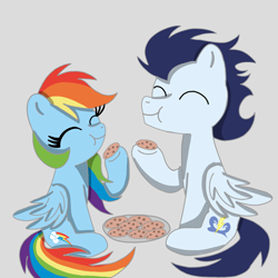 Size: 1400x1400 | Tagged: safe, artist:mrsdashskies, imported from derpibooru, rainbow dash, soarin', pegasus, pony, cookie, eating, female, food, male, mare, shipping, soarindash, stallion, straight