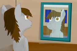 Size: 1312x868 | Tagged: safe, artist:kokopingas98, imported from derpibooru, oc, oc only, oc:anthon, pegasus, pony, expressionless, expressionless face, floor, indoors, interior, looking at self, looking at something, mirror, night, night sky, object, pegasus oc, ponysona, reflection, room, sky, stare, window, wings, wood