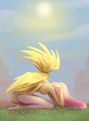 Size: 1701x2321 | Tagged: safe, artist:vestia-s201, imported from derpibooru, fluttershy, human, barefoot, feet, female, hands on head, head down, humanized, kneeling, outdoors, solo, sun, winged humanization, wings