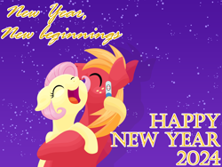 Size: 2880x2160 | Tagged: safe, anonymous artist, imported from derpibooru, big macintosh, fluttershy, earth pony, pegasus, pony, series:fm holidays, alternate hairstyle, eyes closed, female, floppy ears, fluttermac, happy new year, happy new year 2024, high res, holiday, hoof hold, hug, lineless, male, mare, new year, open mouth, open smile, pregnancy test, shipping, short mane, smiling, stallion, straight, text