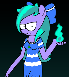 Size: 3023x3351 | Tagged: safe, artist:professorventurer, imported from derpibooru, oc, oc only, oc:cyanette, anthro, anthro oc, black background, bow, clothes, dress, female, frown, hair bow, hand, jewelry, magic, necklace, simple background, solo