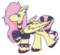 Size: 7240x6648 | Tagged: safe, artist:clandestine, derpibooru exclusive, imported from derpibooru, fluttershy, pegasus, pony, absurd resolution, arm warmers, choker, clandestine industries, clothes, colored hooves, coontails, dyed mane, ear piercing, earring, emo, female, freckles, freckleshy, hoof polish, jewelry, looking back, my chemical romance, no mouth, piercing, raised hoof, simple background, solo, spiked belt, spiked wristband, standing, tail, transparent background, unshorn fetlocks, wings, wristband