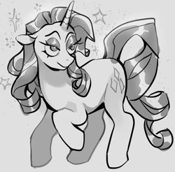 Size: 640x631 | Tagged: safe, artist:purrmaows, imported from derpibooru, rarity, pony, unicorn, eyeshadow, female, makeup, mare, monochrome, raised hoof, smiling, solo, sparkles, standing