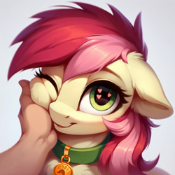 Size: 1024x1024 | Tagged: safe, imported from derpibooru, roseluck, human, pony, ai content, ai generated, behaving like a cat, bust, collar, cute, fluffy, generator:pony diffusion v6 xl, generator:purplesmart.ai, generator:stable diffusion, hand, looking at you, offscreen character, offscreen human, one eye closed, pet tag, petting, pony pet, portrait, prompter:doom9454, rosepet, wingding eyes