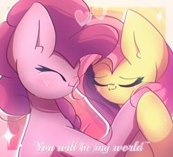 Size: 2600x2350 | Tagged: safe, artist:miryelis, imported from derpibooru, fluttershy, pinkie pie, earth pony, pegasus, pony, big ears, cute, eyes closed, female, flutterpie, heart, lesbian, mare, shipping, smiling, text