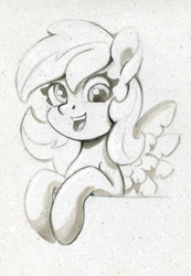 Size: 691x1000 | Tagged: safe, artist:maytee, imported from derpibooru, derpy hooves, pegasus, pony, bust, monochrome, portrait, smiling, solo, traditional art