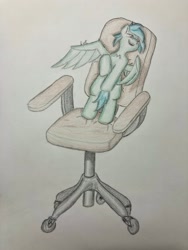 Size: 1536x2048 | Tagged: safe, artist:initials_eve, imported from derpibooru, oc, oc only, oc:light touch, pegasus, chair, colored pencil drawing, having fun, office chair, property damage, requested art, sharp teeth, small pony, smiling, standing on a chair, standing on two hooves, teeth, traditional art