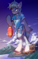 Size: 1800x2800 | Tagged: safe, artist:ravistdash, imported from derpibooru, oc, oc:arclight, pony, semi-anthro, unicorn, bipedal, cheek fluff, cheongsam, city, clothes, commission, destruction, dress, lantern, macro, socks, underhoof, your character here