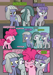 Size: 1920x2715 | Tagged: safe, artist:alexdti, imported from derpibooru, limestone pie, marble pie, maud pie, pinkie pie, earth pony, pony, comic:how we met (italian), comic, crying, dialogue, female, filly, filly limestone pie, filly marble pie, filly maud pie, filly pinkie pie, foal, group hug, high res, hug, italian, smiling, tears of joy, when she smiles, younger