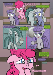 Size: 1920x2715 | Tagged: safe, artist:alexdti, imported from derpibooru, limestone pie, marble pie, maud pie, pinkie pie, earth pony, pony, comic:how we met (italian), comic, crying, dialogue, female, filly, filly limestone pie, filly marble pie, filly maud pie, filly pinkie pie, foal, italian, rock, smiling, tears of joy, when she smiles, younger