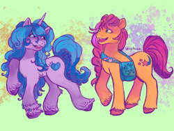 Size: 540x405 | Tagged: safe, artist:wisphunt, imported from derpibooru, izzy moonbow, sunny starscout, earth pony, pony, unicorn, bag, bracelet, colored hooves, duo, duo female, female, g5, green background, headcanon, jewelry, lesbian pride flag, looking at each other, looking at someone, mare, open mouth, pins, pride, pride flag, raised hoof, sexuality headcanon, simple background, smiling, smiling at each other, unshorn fetlocks