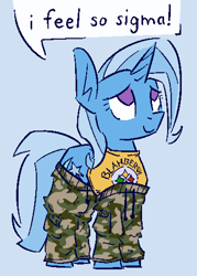 Size: 717x999 | Tagged: safe, artist:skookz, imported from derpibooru, trixie, pony, unicorn, camouflage, clothes, female, mare, pants, shirt, sigma, simple background, solo, speech bubble, t-shirt, text