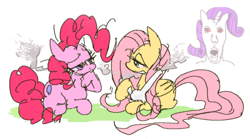 Size: 640x355 | Tagged: safe, artist:hobonkers, imported from derpibooru, fluttershy, pinkie pie, rarity, earth pony, pegasus, pony, unicorn, bong, drug use, drugs, female, flutterhigh, flutterpie, folded wings, high, lesbian, looking at each other, looking at someone, mare, marijuana, meme, pink eyes, pinkie high, raised hoof, rarijuana, shipping, simple background, sitting, smiling, smiling at each other, smoke, trio, white background, wings, wojak