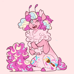 Size: 1500x1500 | Tagged: safe, artist:ghostunes, imported from derpibooru, pinkie pie, earth pony, original species, pony, alternate design, alternate universe, antenna, beige background, chest fluff, design, freckles, happy, hoof fluff, looking up, multicolored hair, multicolored mane, one eye closed, open mouth, paintbrush, paws, raised hoof, redesign, simple background, sitting, smiling, spots, wink, yellow background