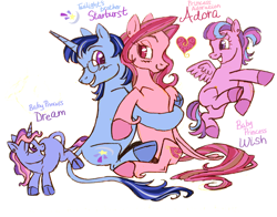 Size: 2048x1605 | Tagged: safe, artist:universalheart, imported from derpibooru, princess cadance, shining armor, oc, oc:adora, oc:dream, oc:starburst, oc:wish, pegasus, pony, unicorn, alternate design, alternate name, group, leonine tail, offspring, parent:princess cadance, parent:shining armor, parents:shiningcadance, princess, quartet, race swap, redesign, simple background, tail, white background