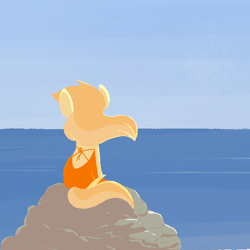 Size: 494x494 | Tagged: safe, artist:algoatall, noi, earth pony, pony, beach, clothes, dress, featured image, female, filly, looking away, ocean, rock, sitting, sky, solo
