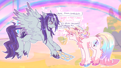 Size: 2012x1135 | Tagged: safe, artist:puroperopony, imported from derpibooru, oc, pegasus, pony, unicorn, chest fluff, cookie, duo, food, speech bubble, text