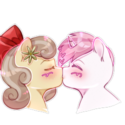 Size: 800x800 | Tagged: safe, artist:iamsmileo, imported from derpibooru, oc, oc only, oc:peach blossom, oc:sweet irony, pony, unicorn, blushing, bow, bust, eyes closed, flower, flower in hair, hair bow, kiss on the lips, kissing, simple background, transparent background