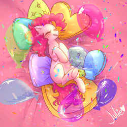 Size: 1000x1000 | Tagged: safe, artist:julieee3e, imported from derpibooru, pinkie pie, earth pony, pony, balloon, confetti, cute, diapinkes, eyes closed, female, happy, lying down, mare, party, smiling, solo