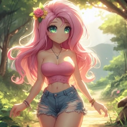 Size: 1024x1024 | Tagged: safe, imported from derpibooru, fluttershy, human, adorasexy, ai content, ai generated, anime, belly button, big breasts, blushing, bracelet, breasts, busty fluttershy, cleavage, clothes, cute, denim, denim shorts, female, flower, flower in hair, forest, forest background, generator:bing image creator, generator:dall-e 3, humanized, jewelry, long hair, midriff, nature, necklace, outdoors, sexy, shorts, shyabetes, smiling, solo, strapless, stupid sexy fluttershy, tree, tube top