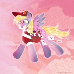 Size: 3000x3000 | Tagged: safe, artist:toriyami1, imported from derpibooru, derpy hooves, pegasus, pony, female, flower, flying, holiday, letter, mailmare, mare, open mouth, rose, signature, sky background, solo, valentine, valentine's day