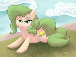 Size: 1200x900 | Tagged: safe, artist:1trick, imported from derpibooru, oc, oc only, oc:bountiful fields, earth pony, pony, field, green mane, looking at you, lying down, prone, smug, solo