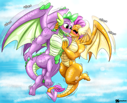 Size: 2227x1800 | Tagged: safe, artist:platinumkinght, imported from derpibooru, smolder, spike, anthro, digitigrade anthro, dragon, barbie doll anatomy, beefspike, blushing, cheek kiss, commission, dragoness, duo, duo male and female, female, flapping wings, high res, kissing, male, muscles, muscular female, muscular male, older, older smolder, older spike, shipping, spolder, straight, swolder, winged spike, wings