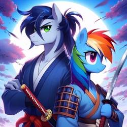 Size: 1024x1024 | Tagged: safe, imported from derpibooru, rainbow dash, soarin', anthro, ai content, ai generated, cherry blossoms, clothes, female, flower, flower blossom, generator:bing image creator, generator:dall-e 3, katana, male, moon, prompter:*rainbow dash*, samurai, shipping, sky, soarindash, straight, sword, weapon