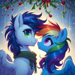 Size: 1024x1024 | Tagged: safe, imported from derpibooru, rainbow dash, soarin', ai content, ai generated, female, generator:bing image creator, generator:dall-e 3, holly, holly mistaken for mistletoe, imminent kissing, male, prompter:*rainbow dash*, shipping, soarindash, spread wings, stars, straight, wings
